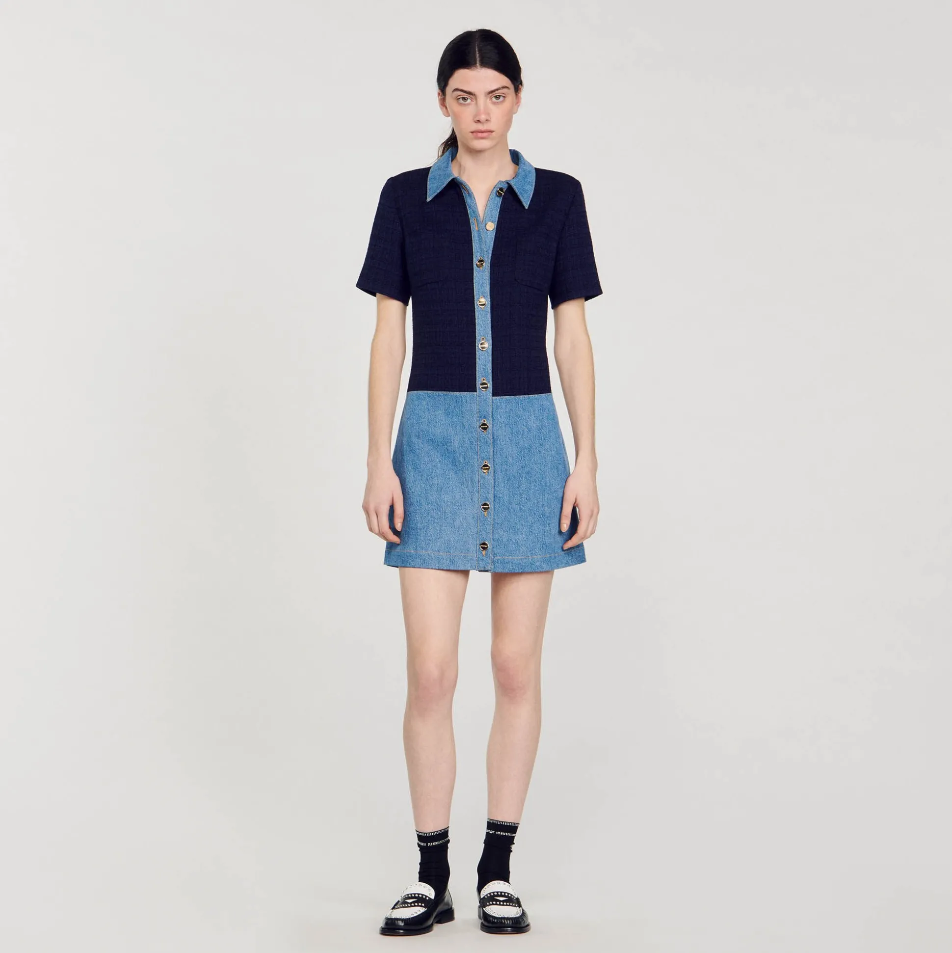 Abito Corto In Tweed E Denim