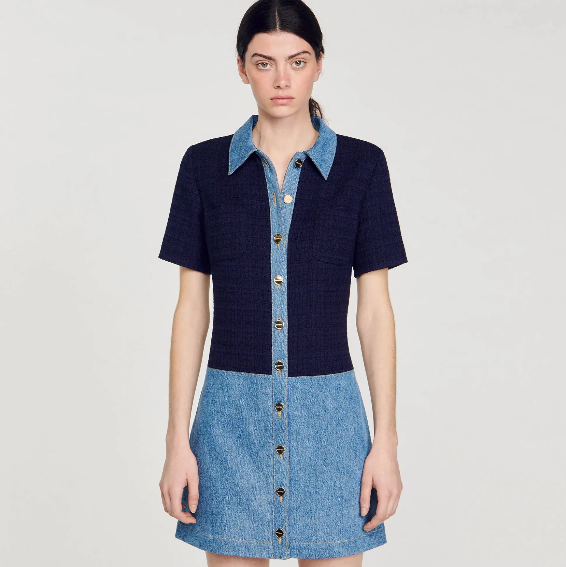 Abito Corto In Tweed E Denim