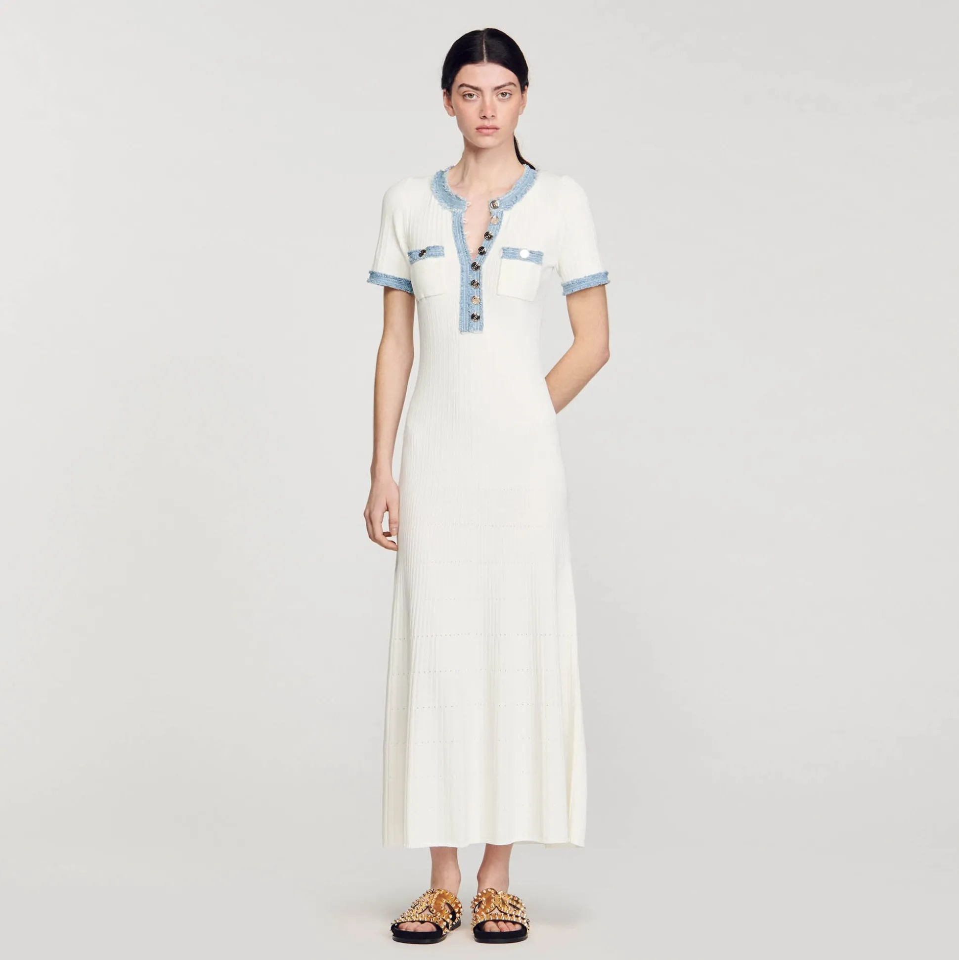 Abito Midi In Maglia E Denim