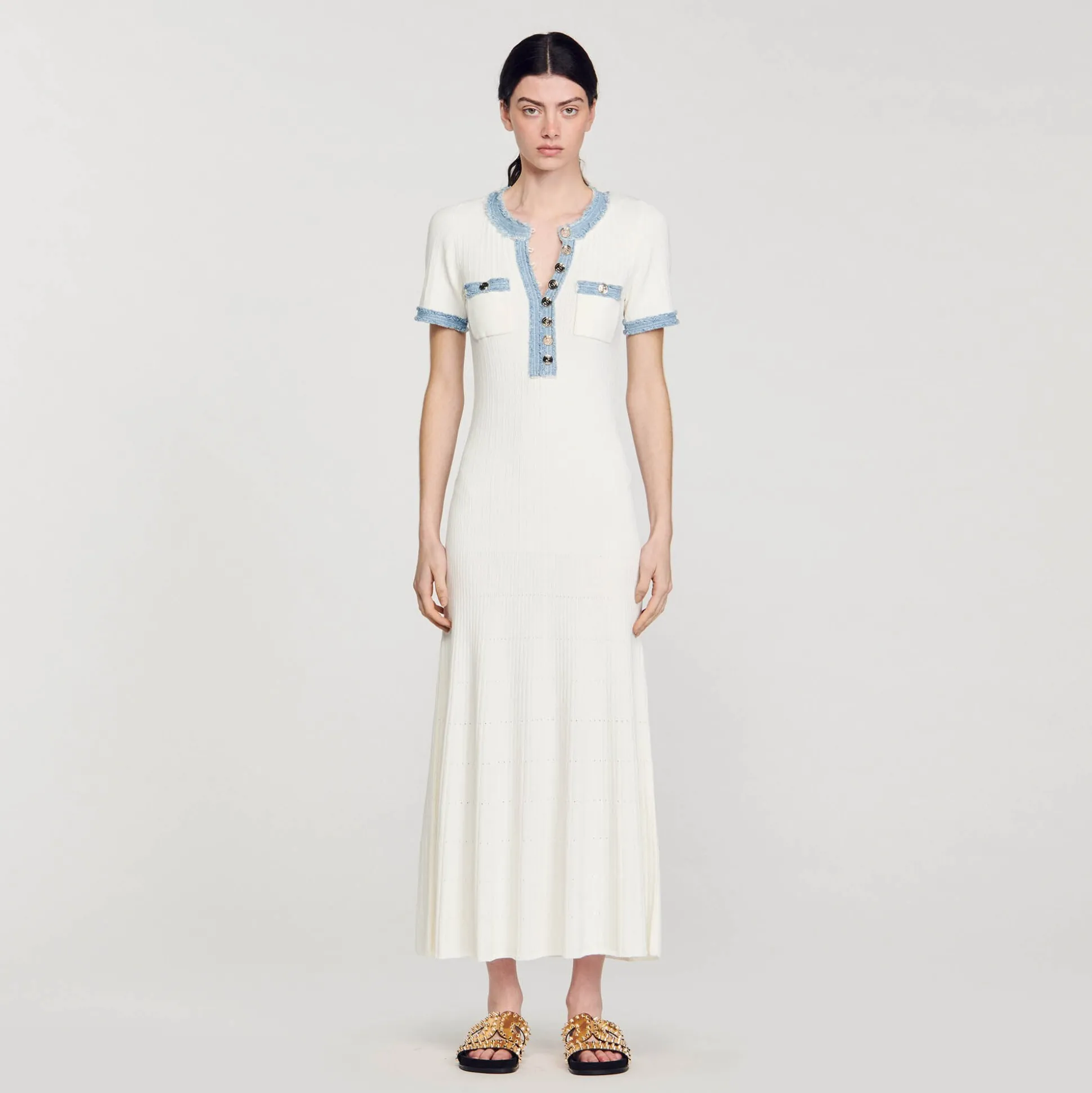 Abito Midi In Maglia E Denim
