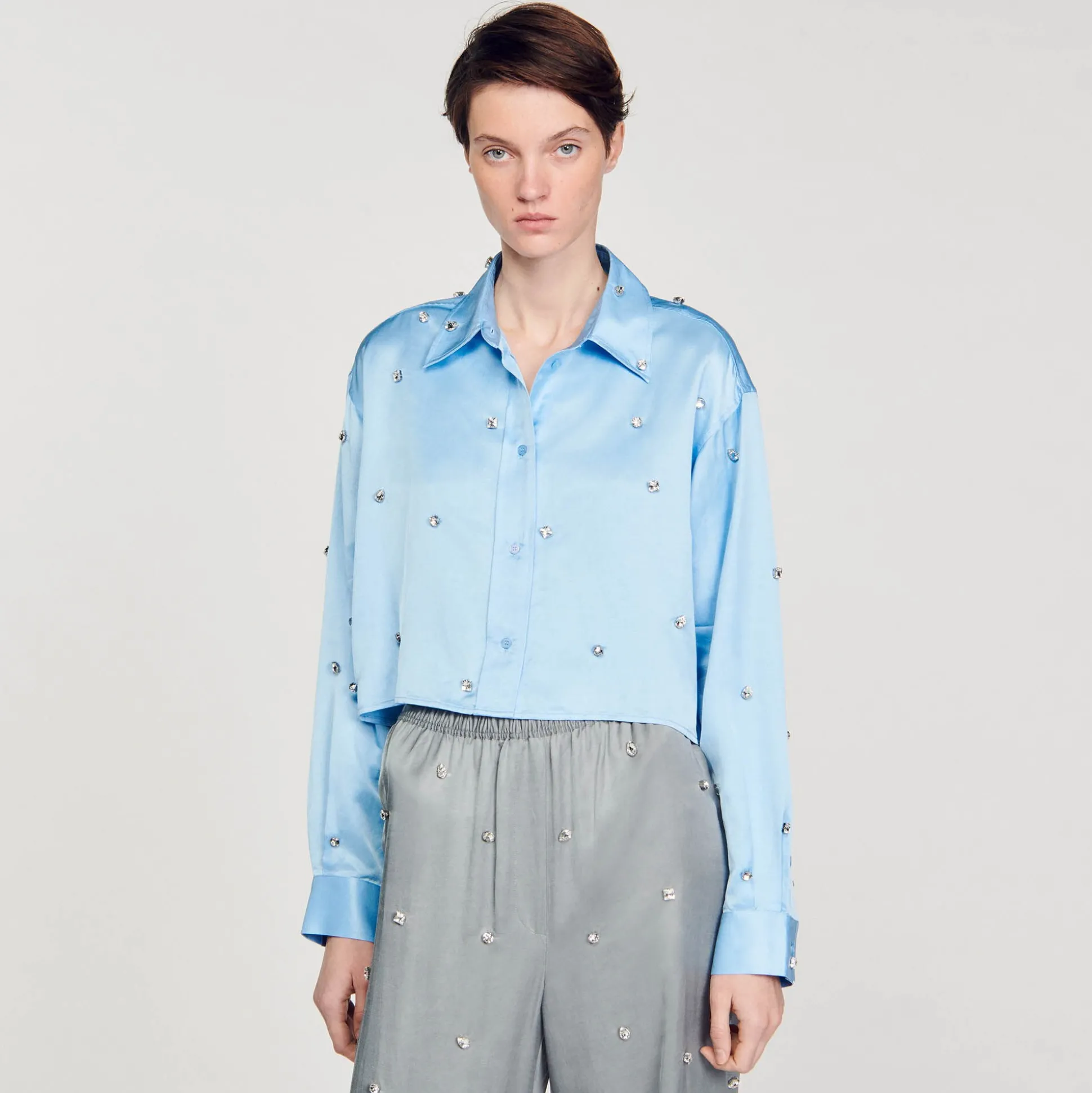 Camicia In Raso Decorata Con Strass