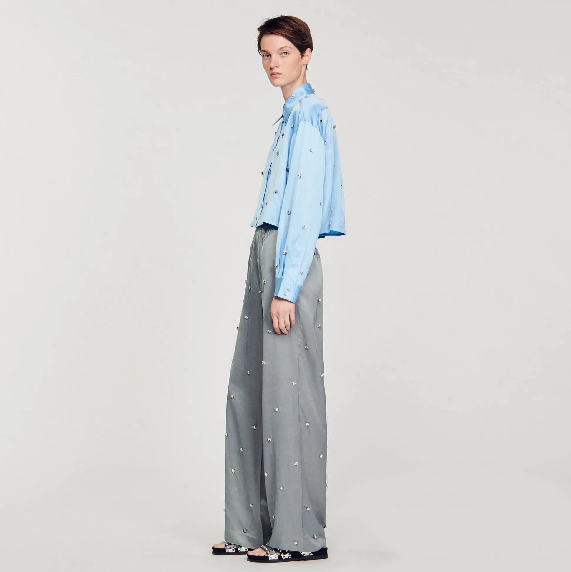 Camicia In Raso Decorata Con Strass