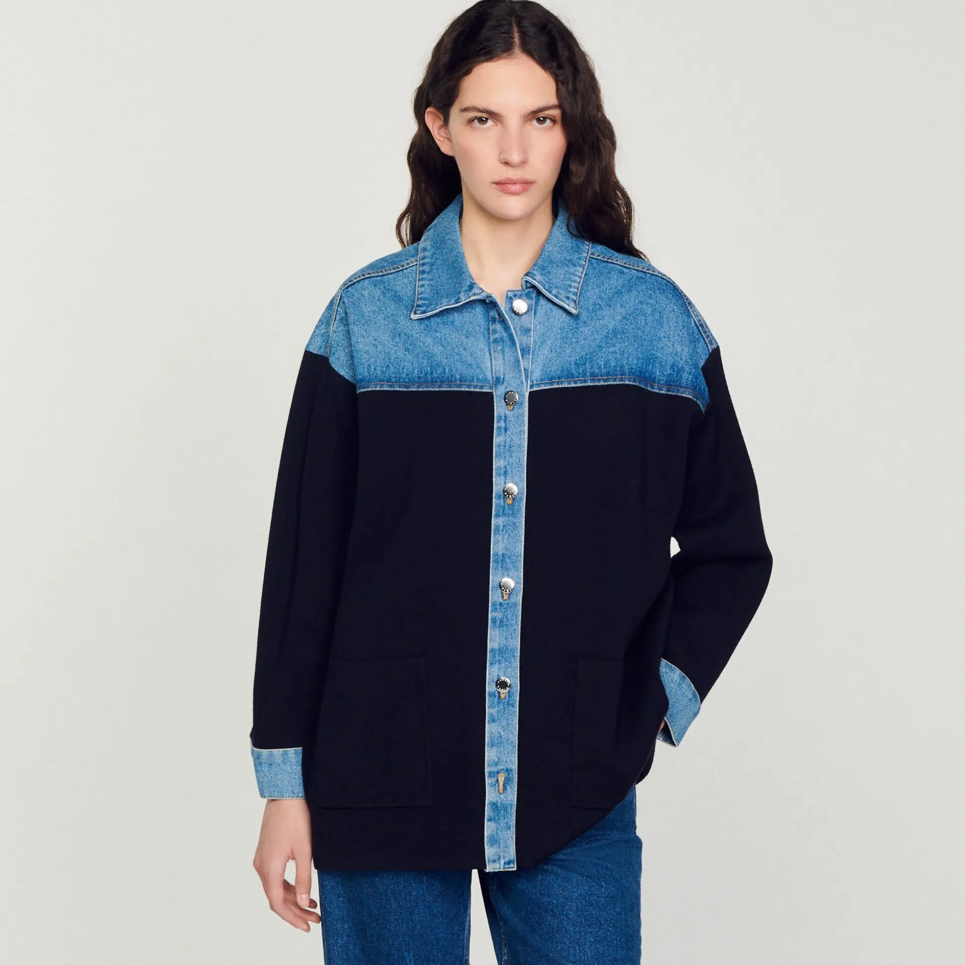 Cardigan Bimateriale Stile Giacca