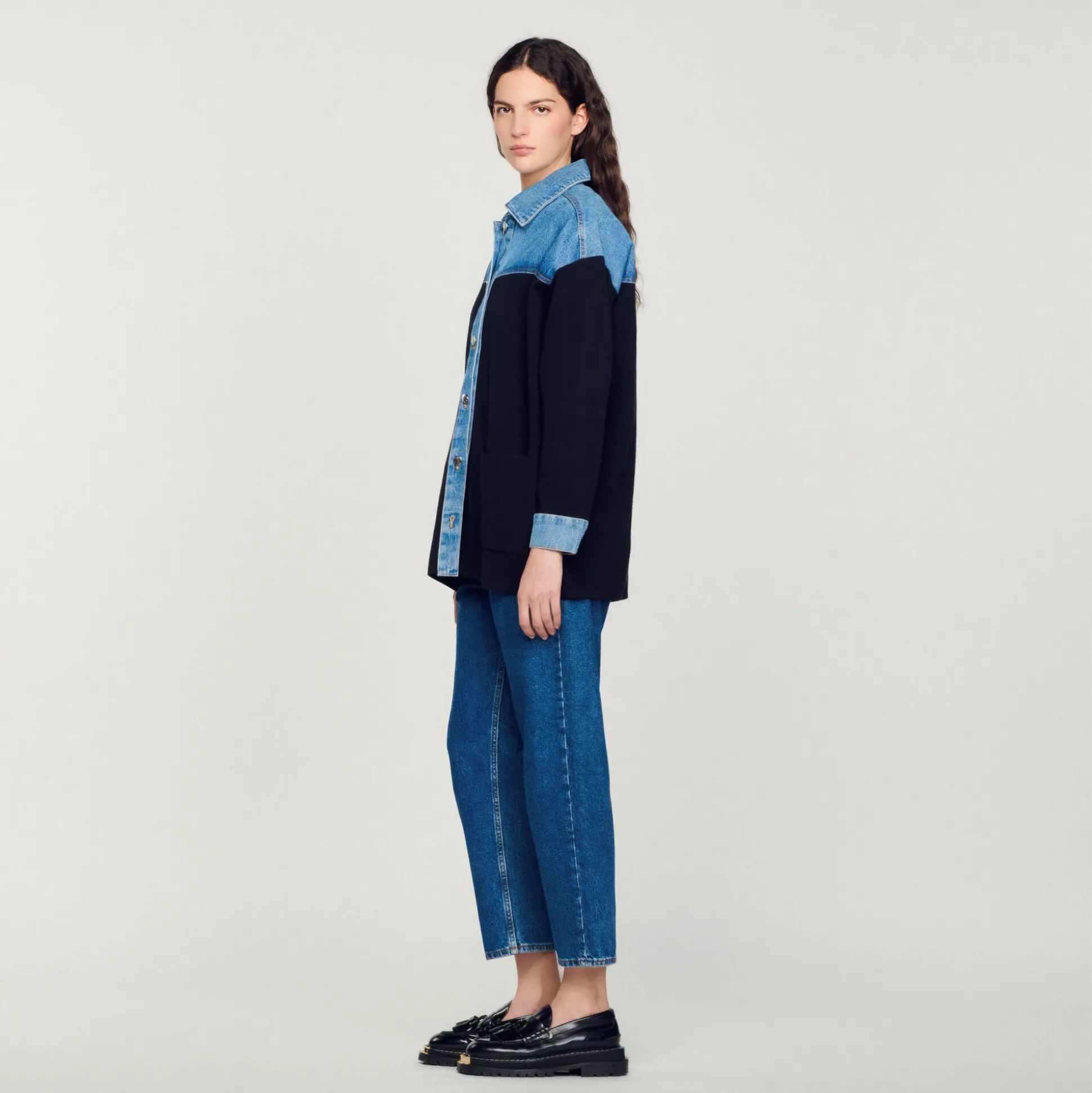 Cardigan Bimateriale Stile Giacca
