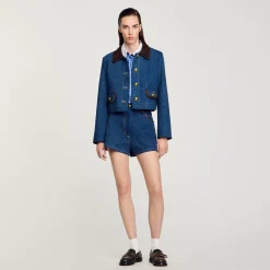 Giacca Di Jeans Con Colletto In Pelle