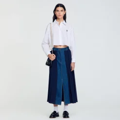 Gonna Bimaterica In Denim E Plissettato