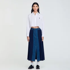 Gonna Bimaterica In Denim E Plissettato