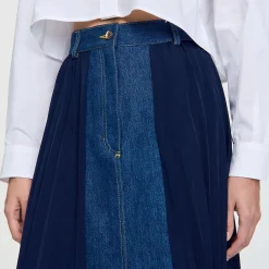 Gonna Bimaterica In Denim E Plissettato