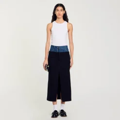 Gonna In Doppio Materiale, Denim E Tweed