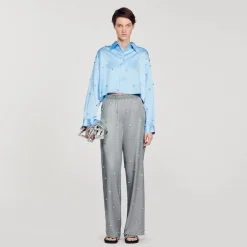Pantaloni In Lino Decorati Con Strass