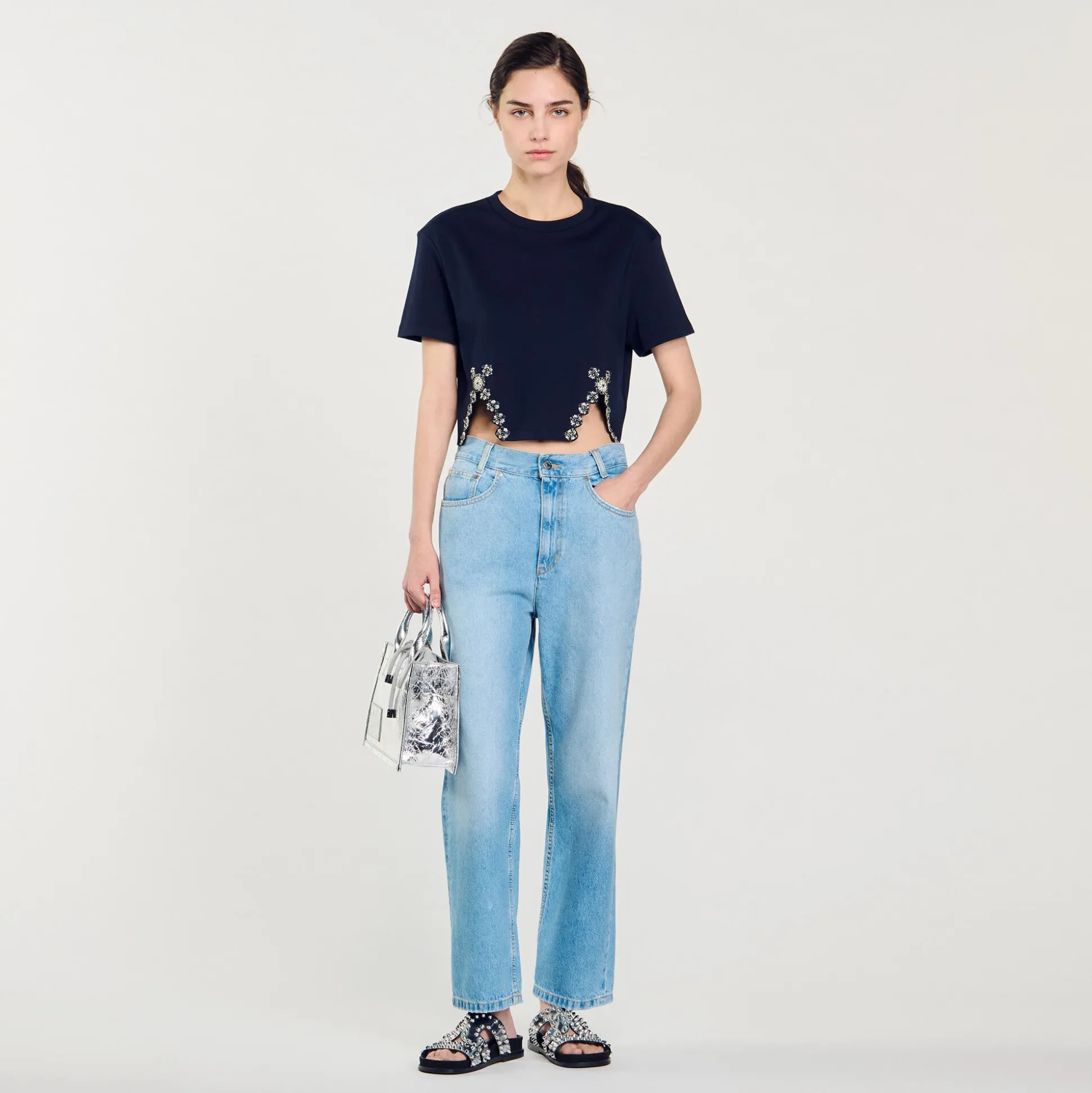 T-shirt Corta Decorata Con Strass