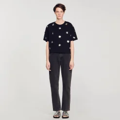 T-shirt Decorata Con Lustrini A Fiori