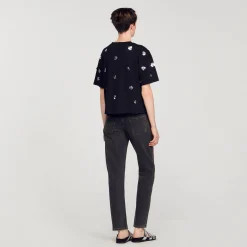 T-shirt Decorata Con Lustrini A Fiori
