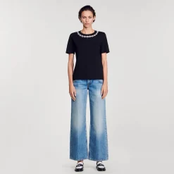 T-shirt In Cotone Bio Con Collo Gioiello
